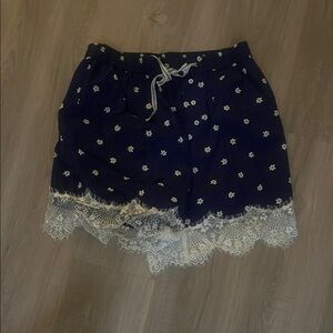 Anthropologie Navy Floral Lace-Trim Pajama Shorts